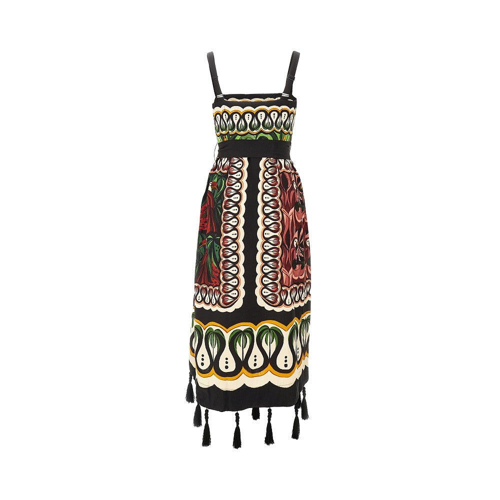 Linen-blend midi dress with tassels