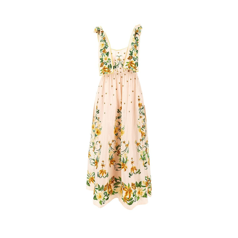 Abito midi floreale con fiocchi sulle spalle
