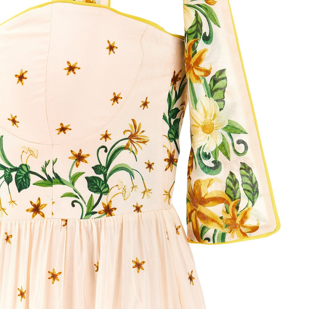 Abito midi floreale con fiocchi sulle spalle