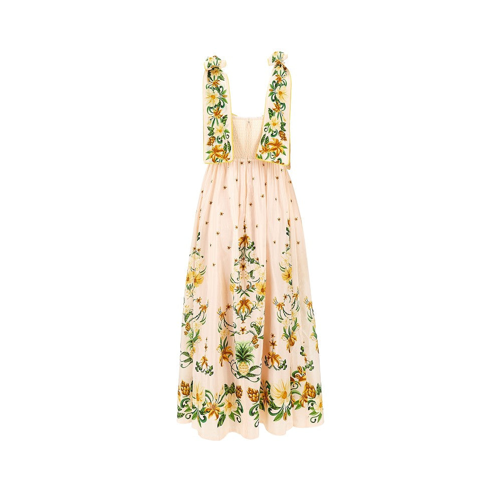 Abito midi floreale con fiocchi sulle spalle
