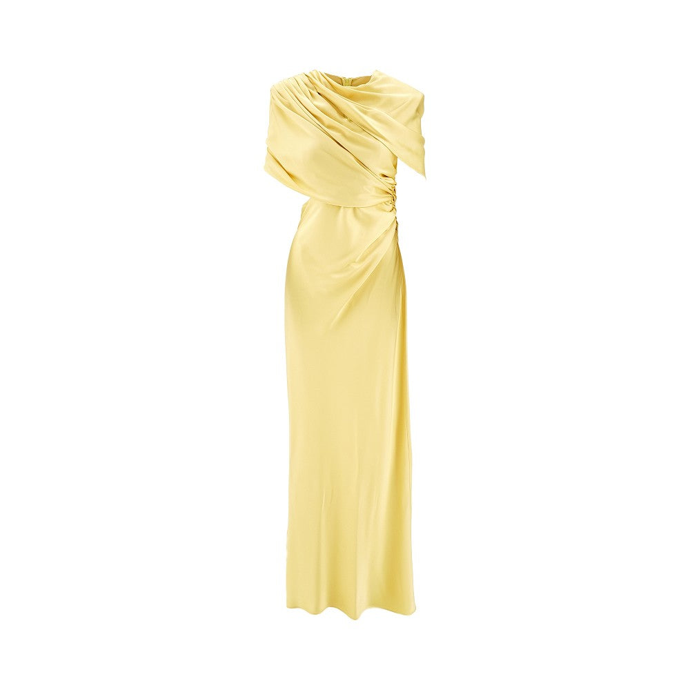 Abito lungo in raso con maxi spalle