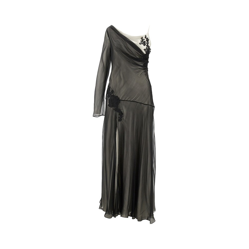 Abito lungo asimmetrico in satin e voile