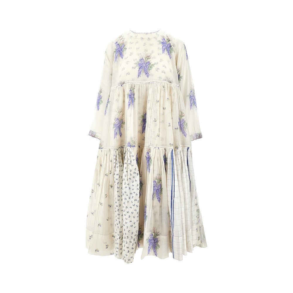 Patchwork voile flounced midi dress