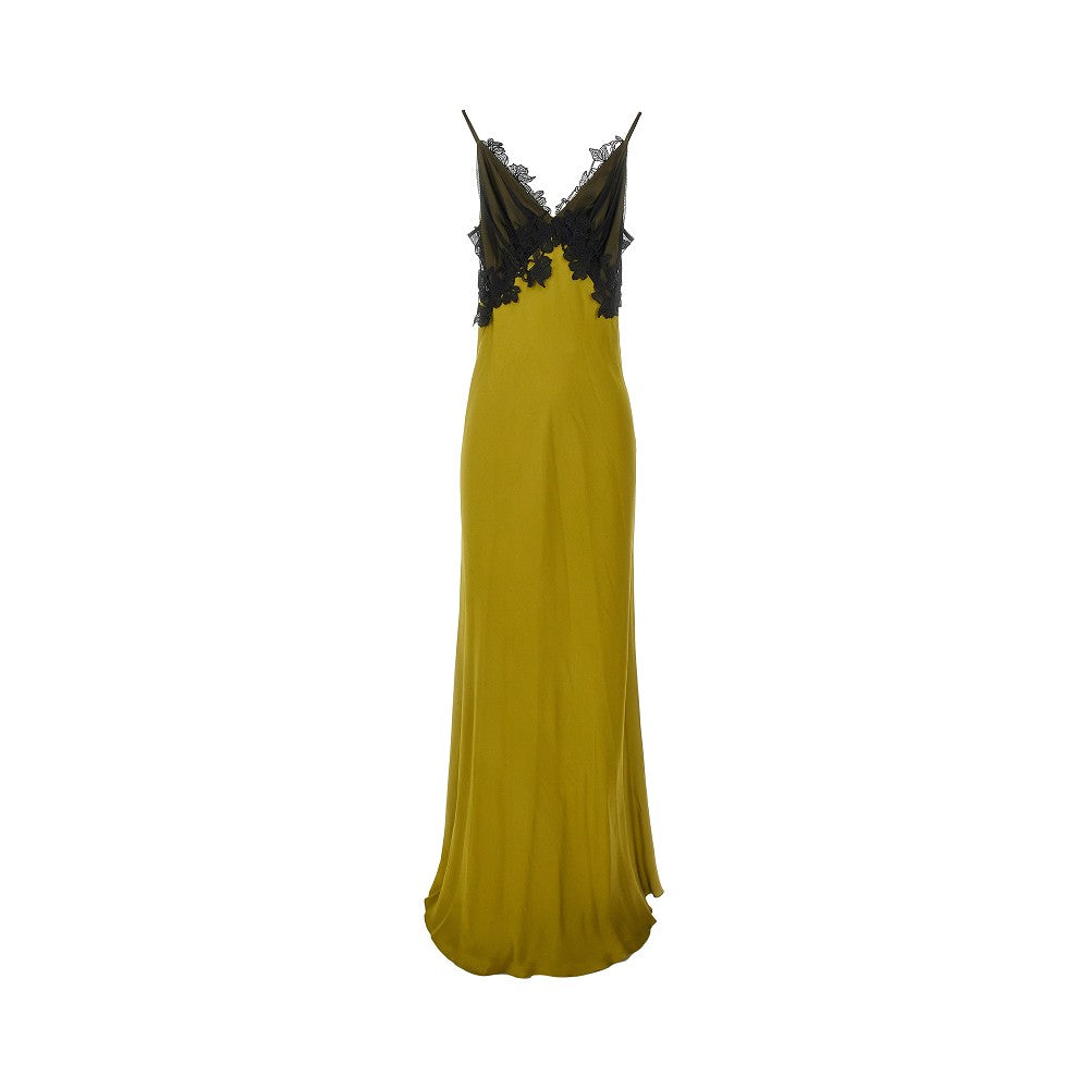 Slip dress lungo in satin con pizzo floreale