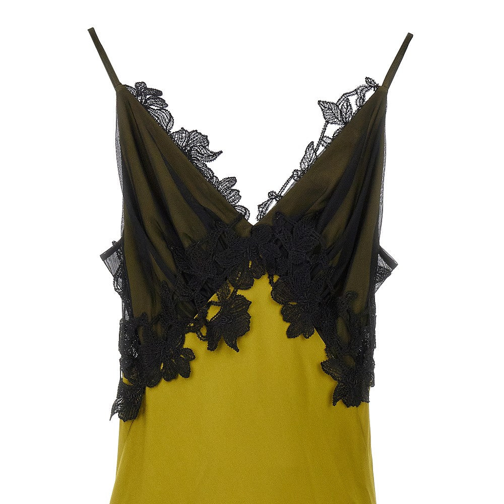 Slip dress lungo in satin con pizzo floreale