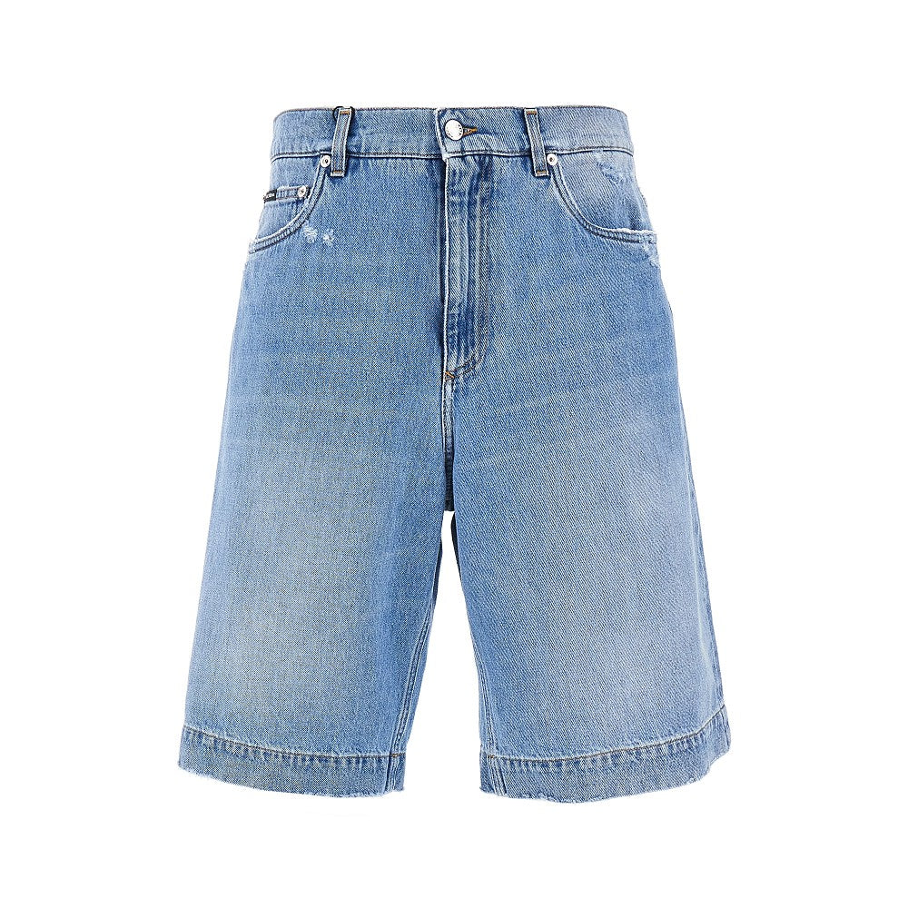 Bermuda in denim con placca logo