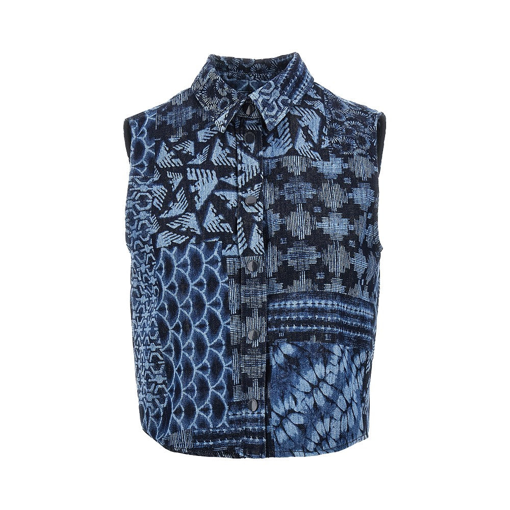 Printed denim sleeveless shirt