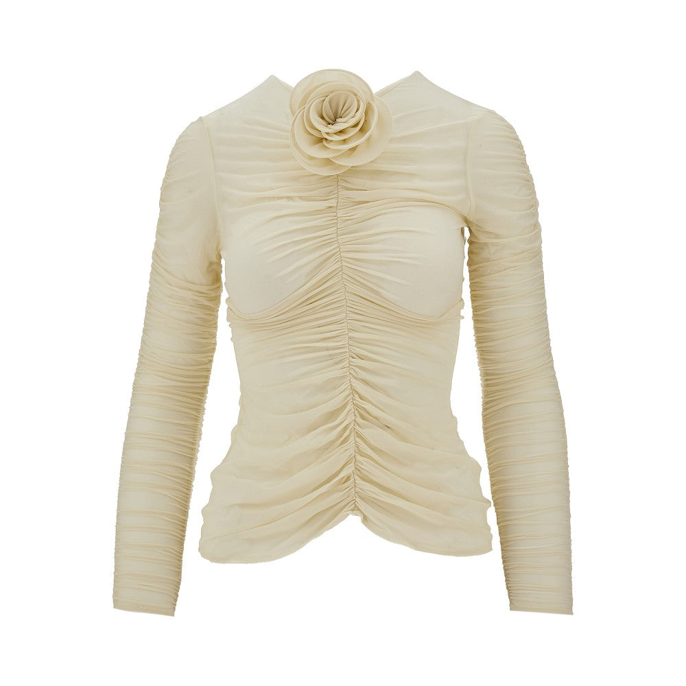 Top arricciato con applicazione floreale