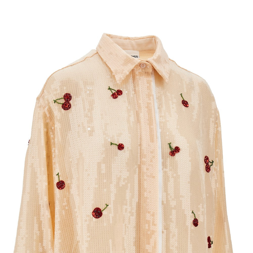 Camicia in paillettes con ricamo ciliegie