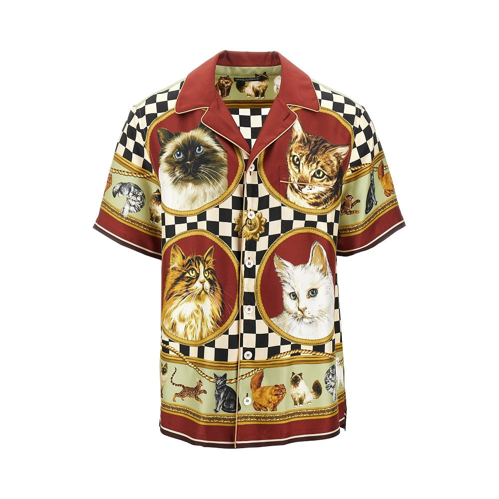 Cats print silk bowling shirt