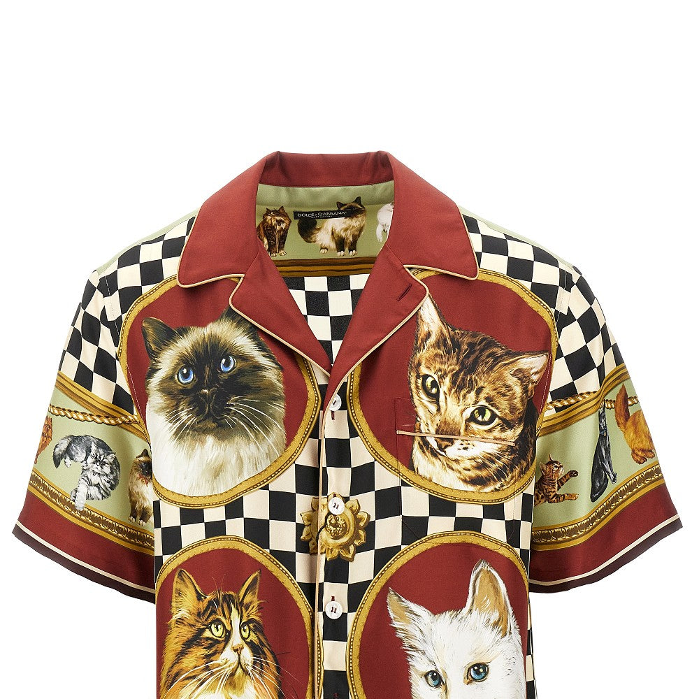 Cats print silk bowling shirt