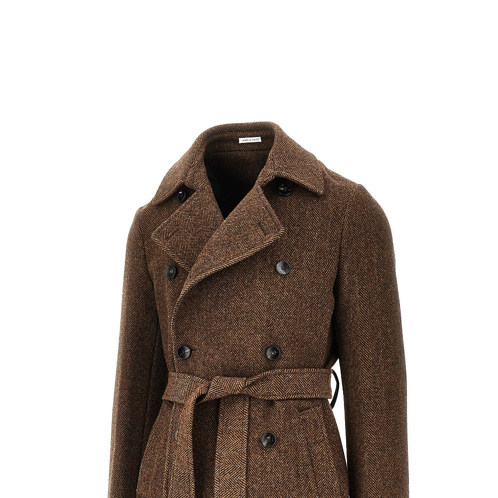 Cappotto in lana spigata con cintura