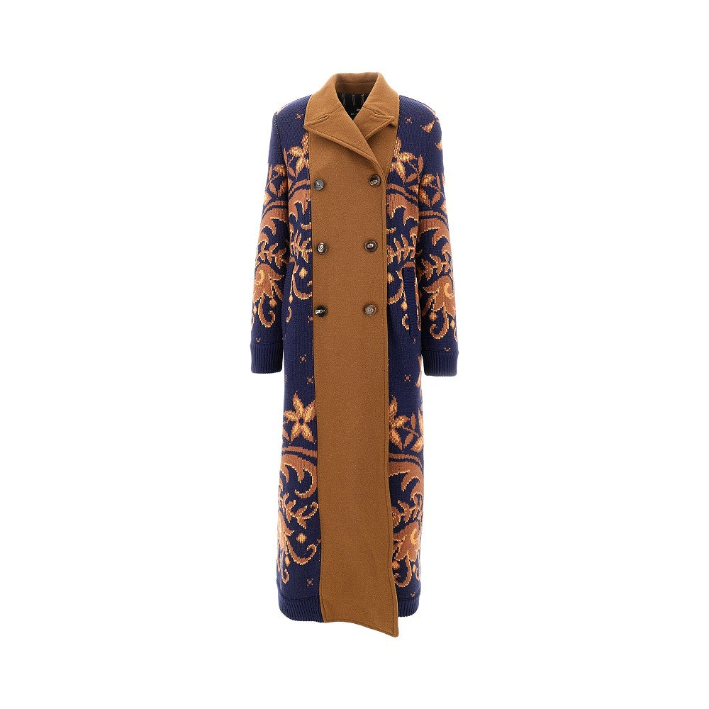 Bi-material double-breasted long coat
