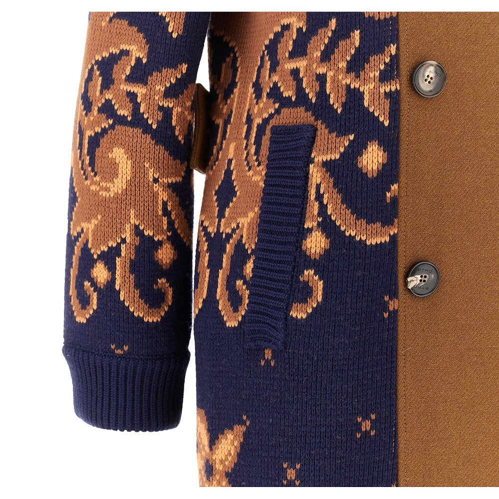 Bi-material double-breasted long coat