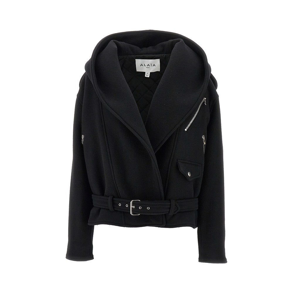 Giacca biker in lana con cappuccio