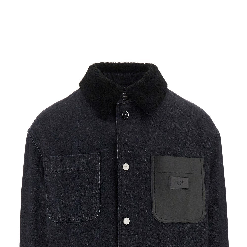 Denim overshirt with shearling collar