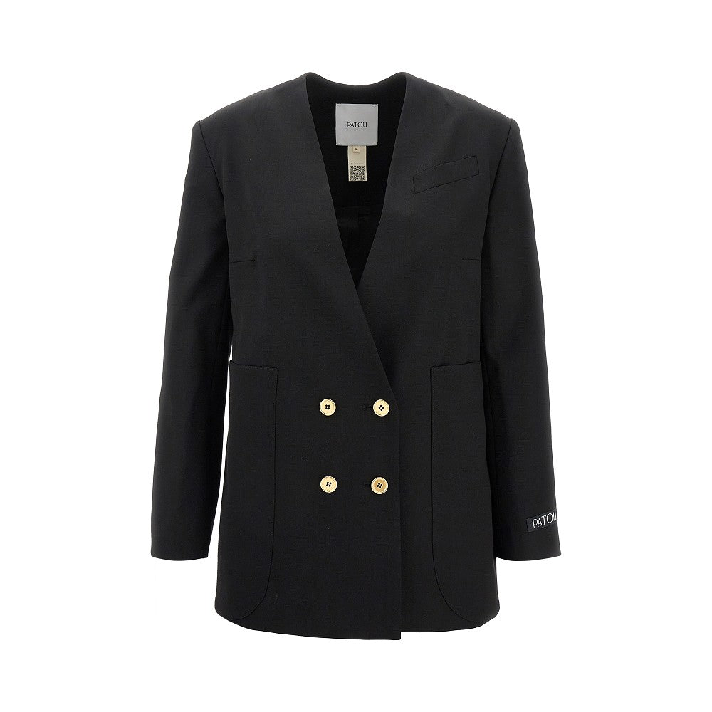 Collarless double-breasted jacket