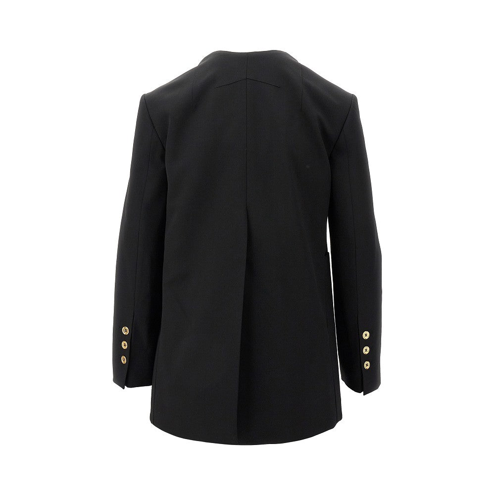 Collarless double-breasted jacket