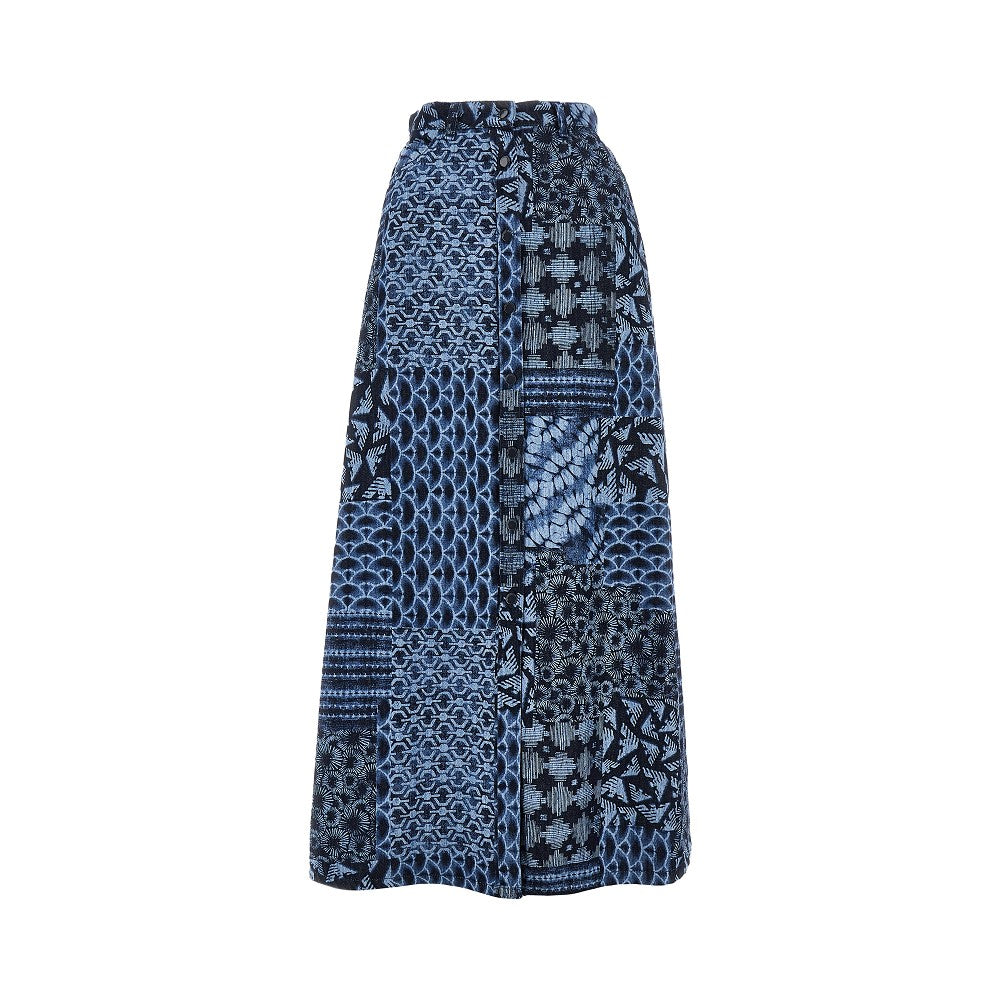 Printed cotton denim long skirt