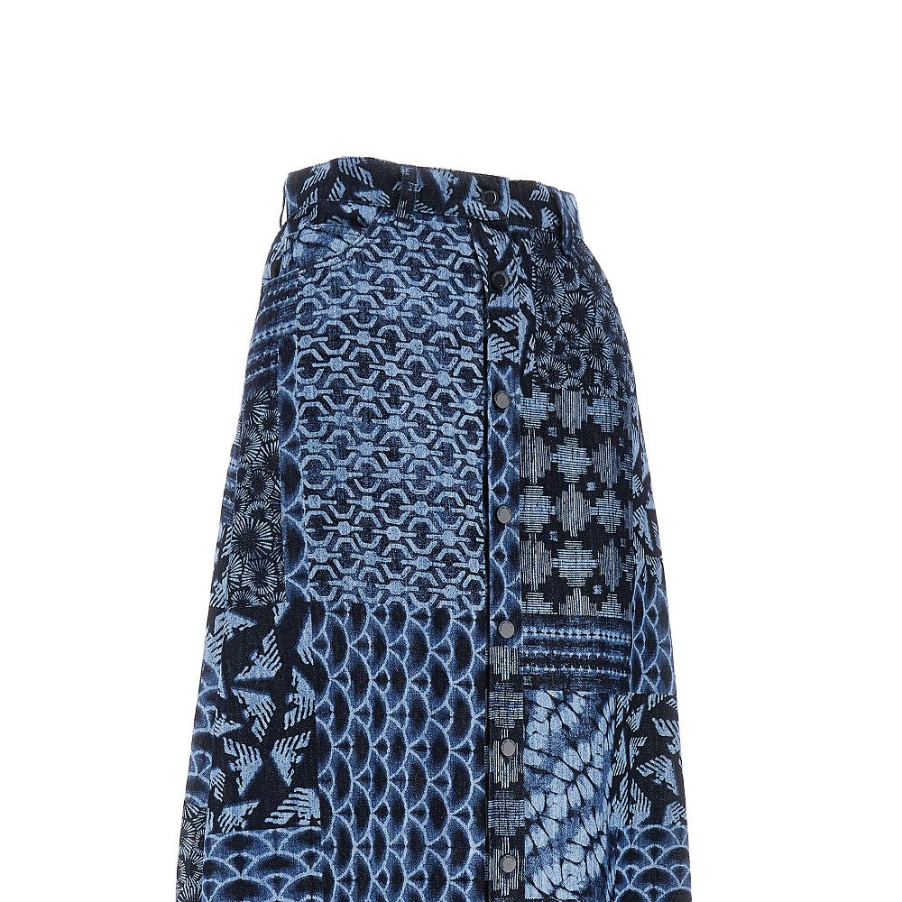 Printed cotton denim long skirt