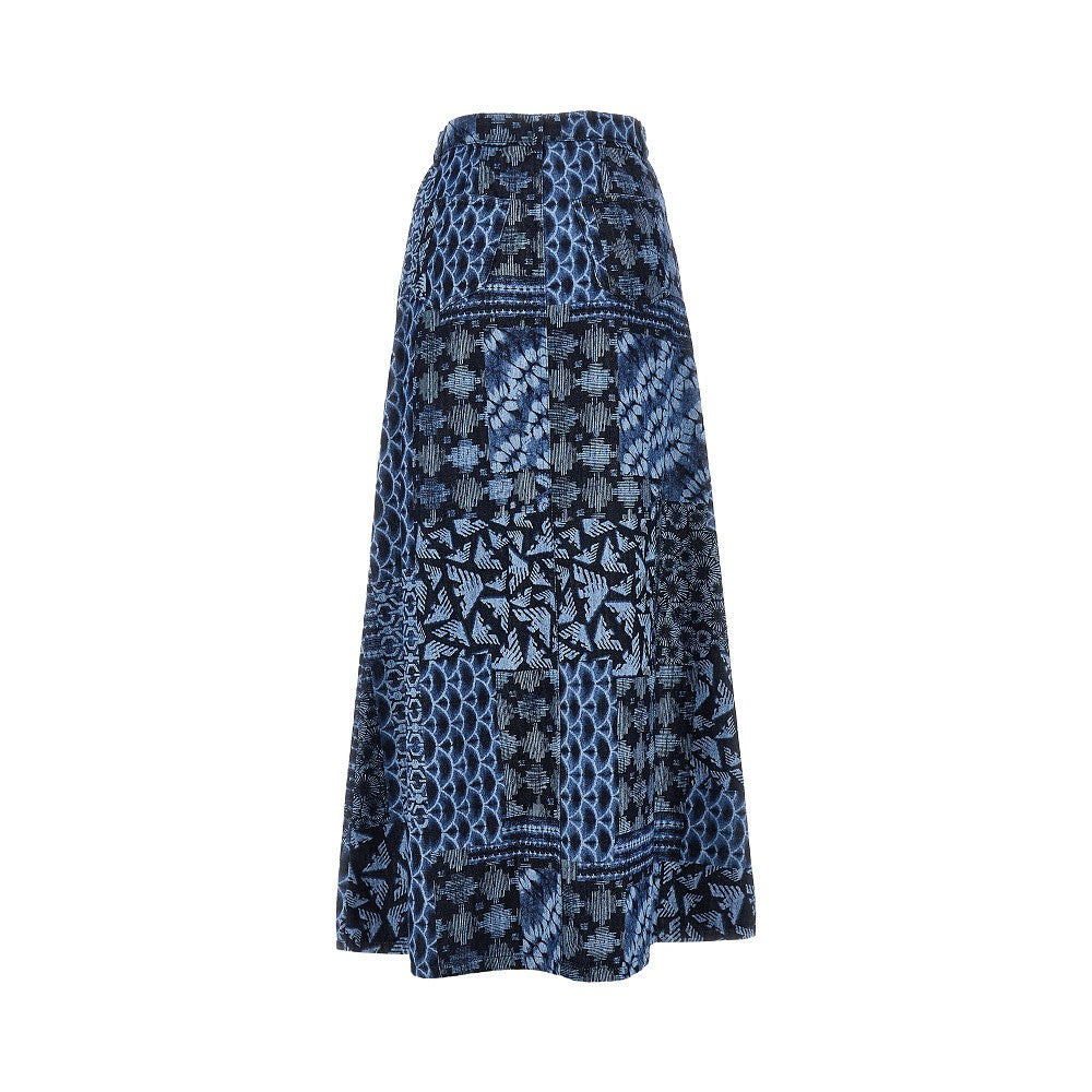 Printed cotton denim long skirt