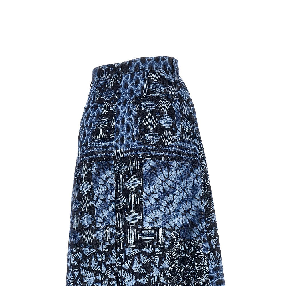 Printed cotton denim long skirt