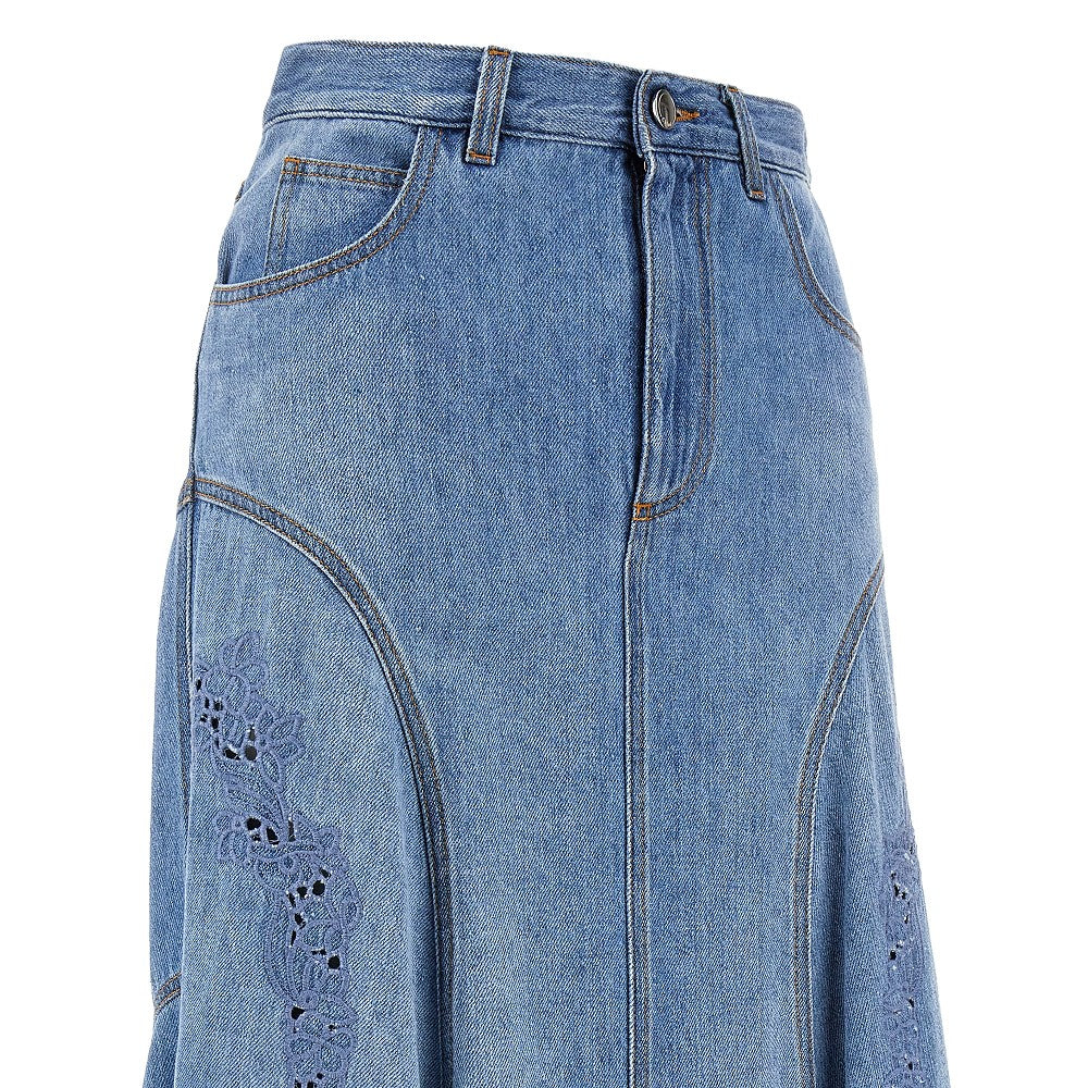 Denim midi skirt with guipure details