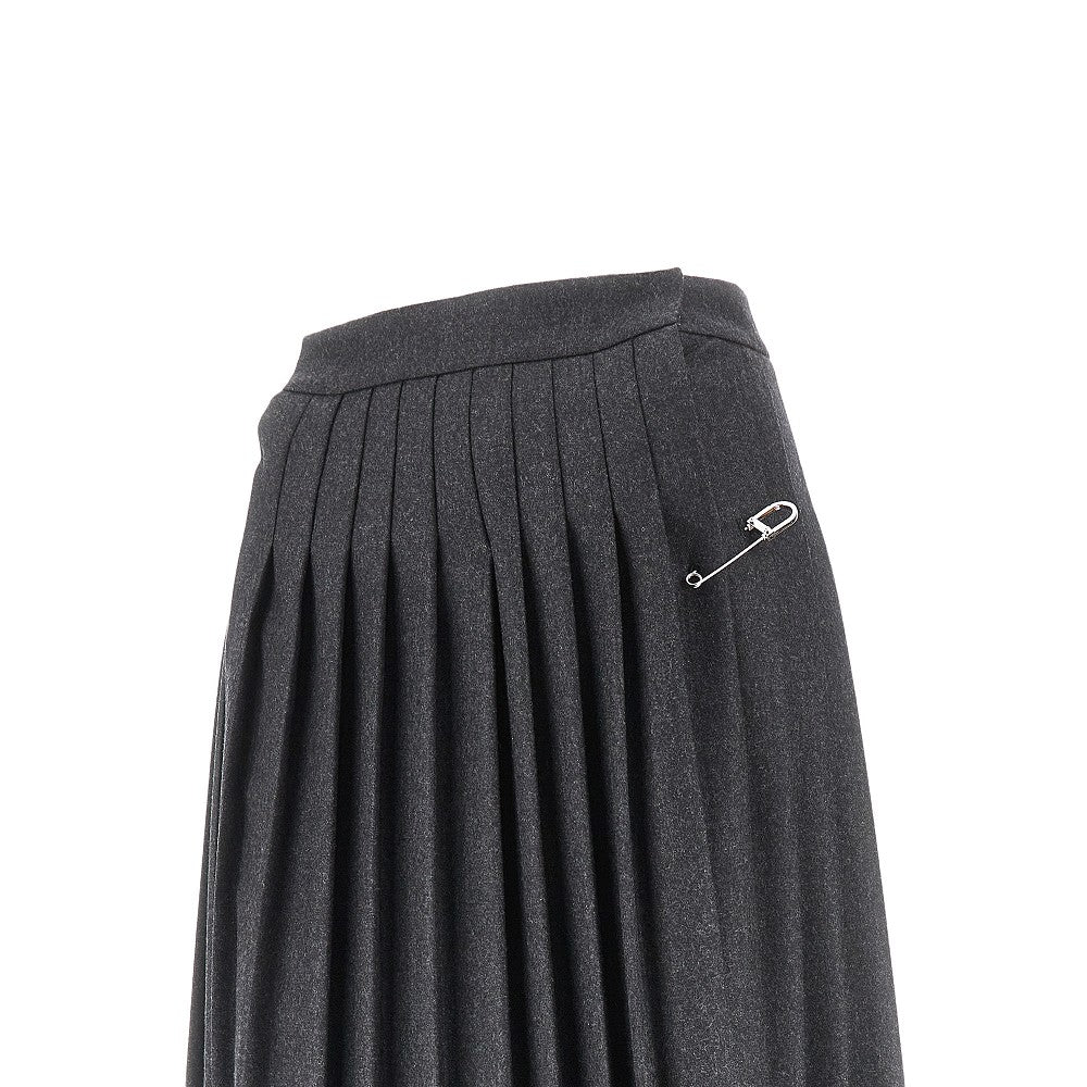 Wool pleated midi skirt with safety pin
