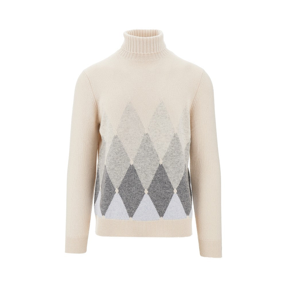 Pullover a collo alto in cachemire a rombi
