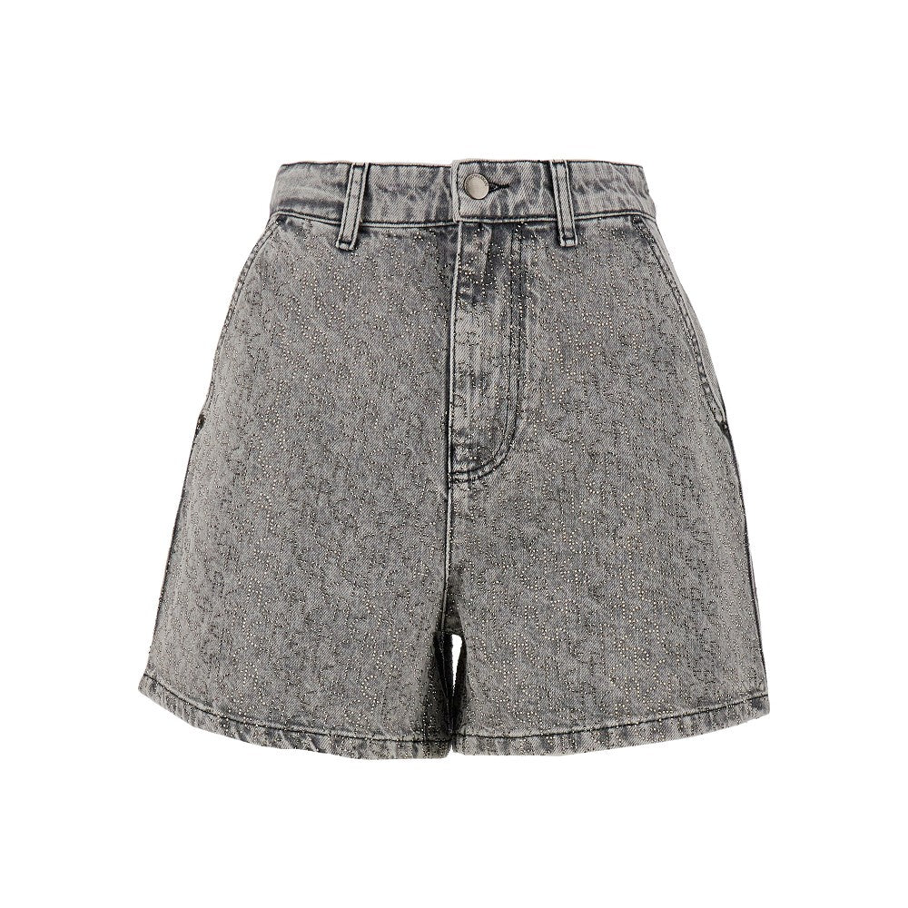 Shorts in denim con motivo logo in strass
