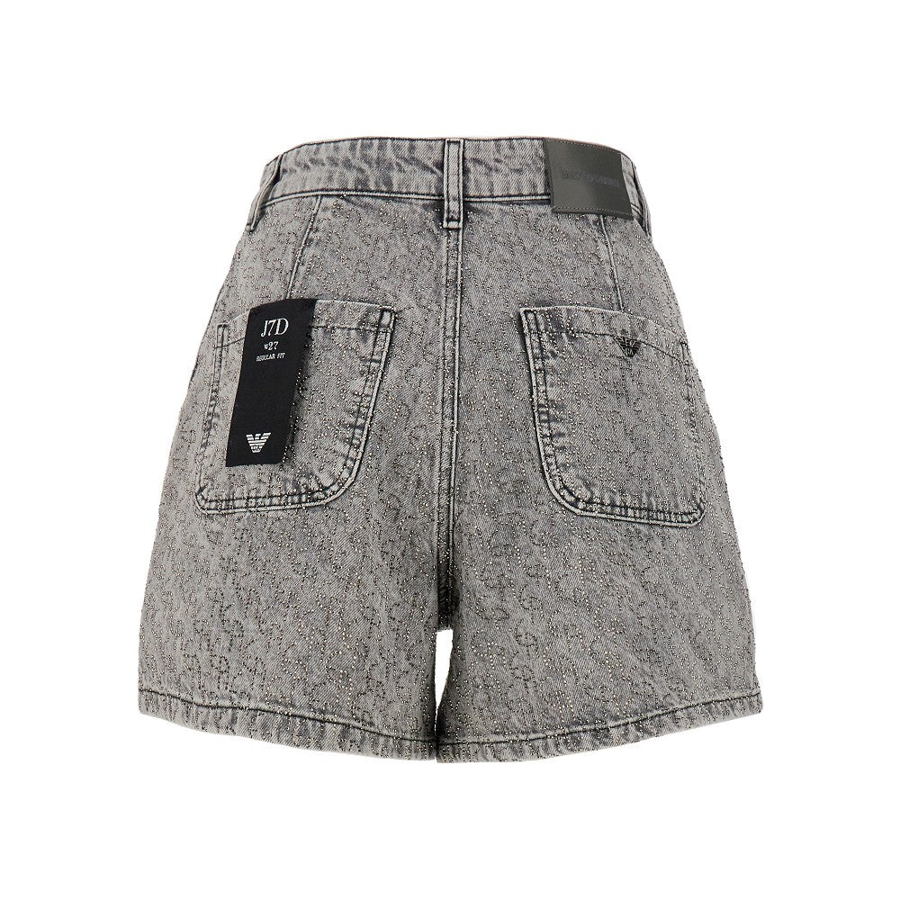 Shorts in denim con motivo logo in strass