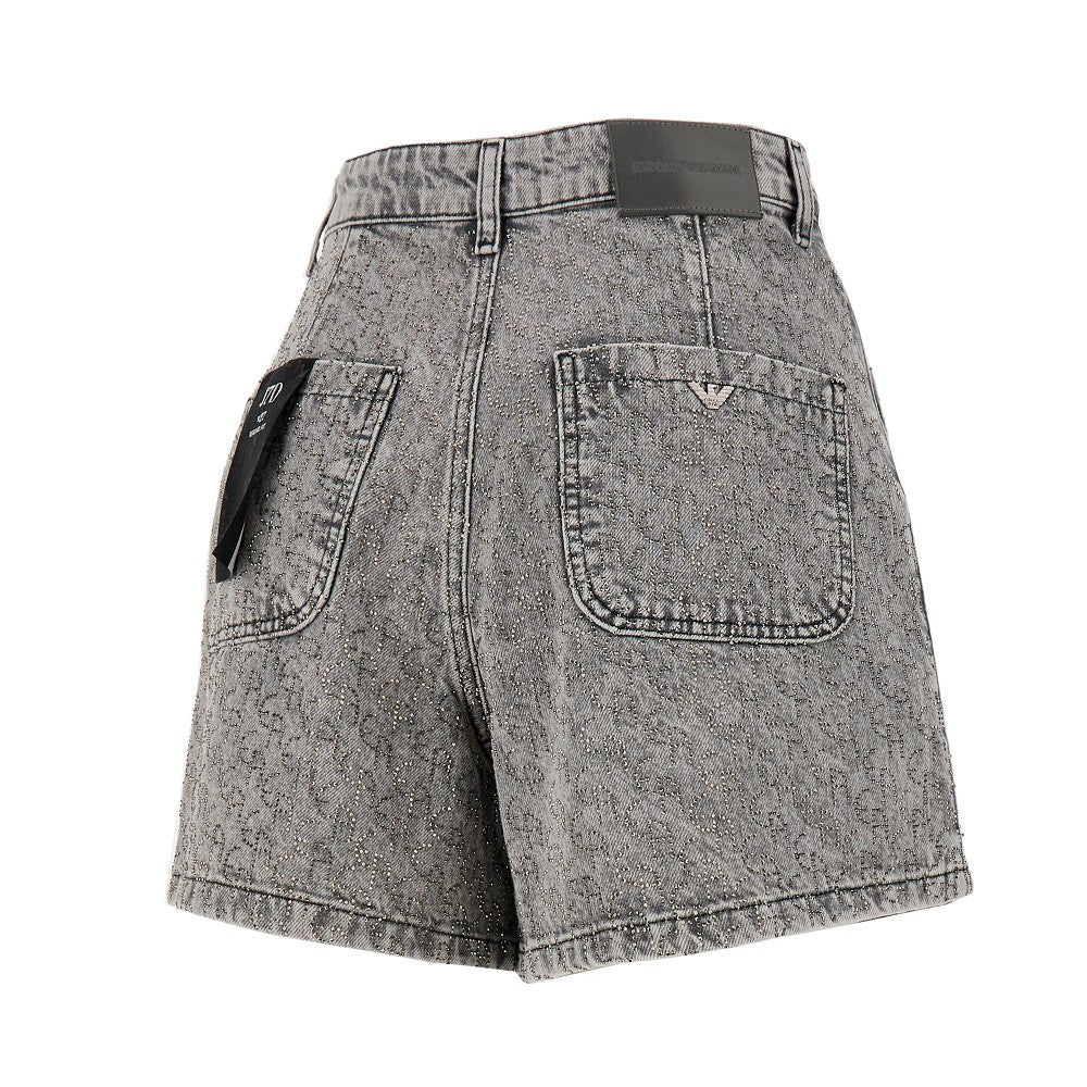 Shorts in denim con motivo logo in strass