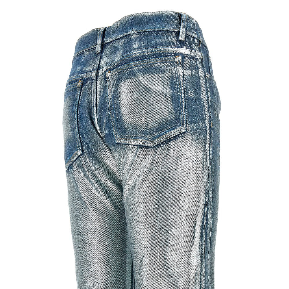 Metallized coated denim pants