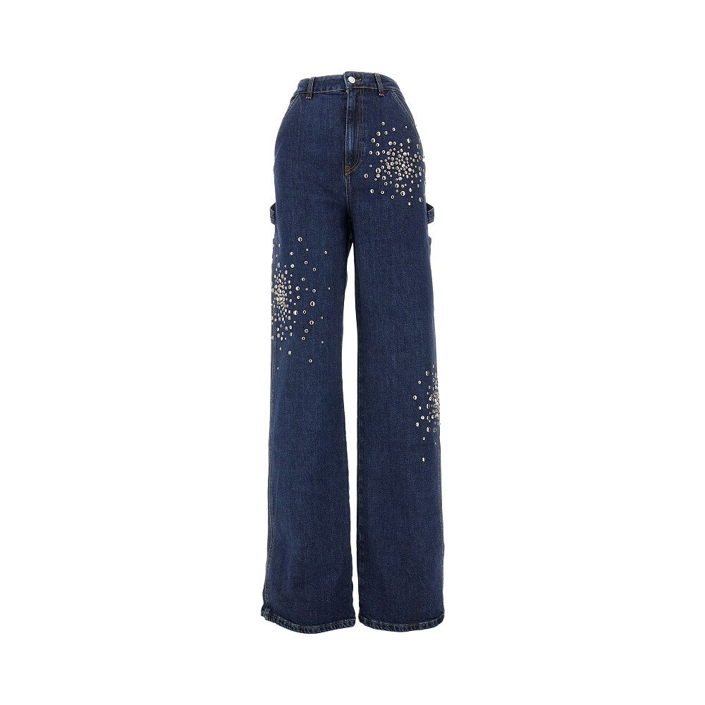 Workpants in denim con borchie e strass
