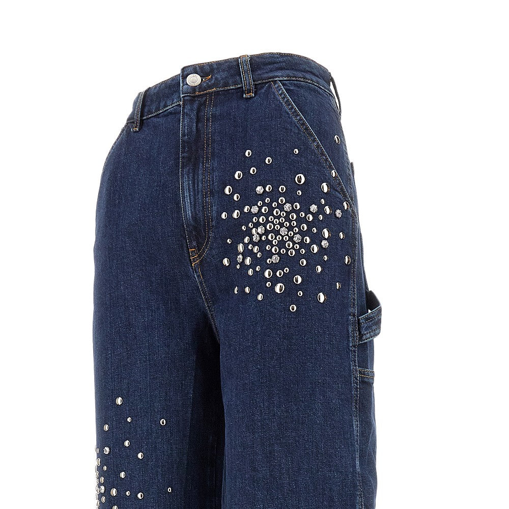 Workpants in denim con borchie e strass