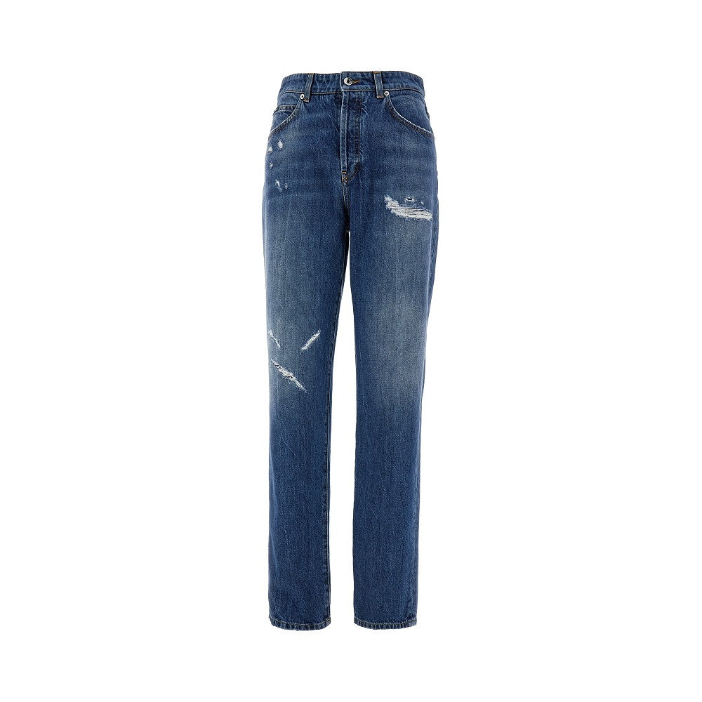 Jeans effetto consumato con placca logo