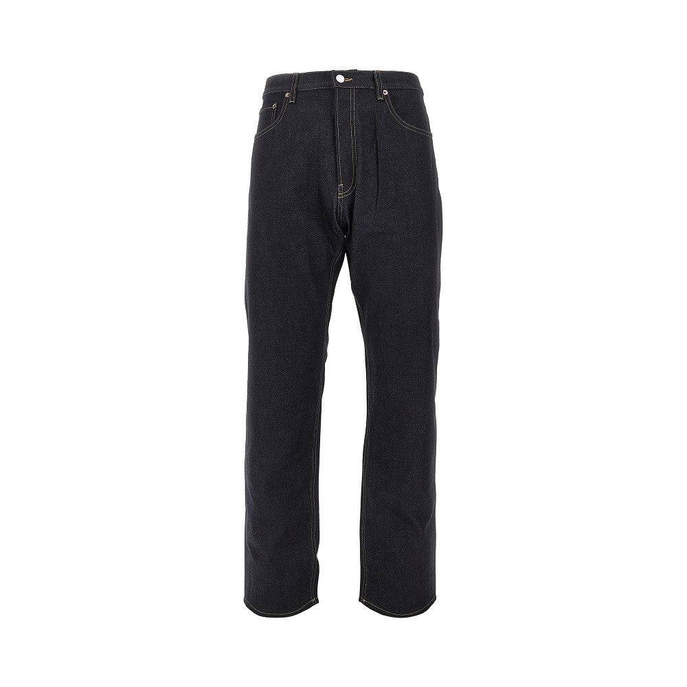Raw demim jeans with leather buckled strap