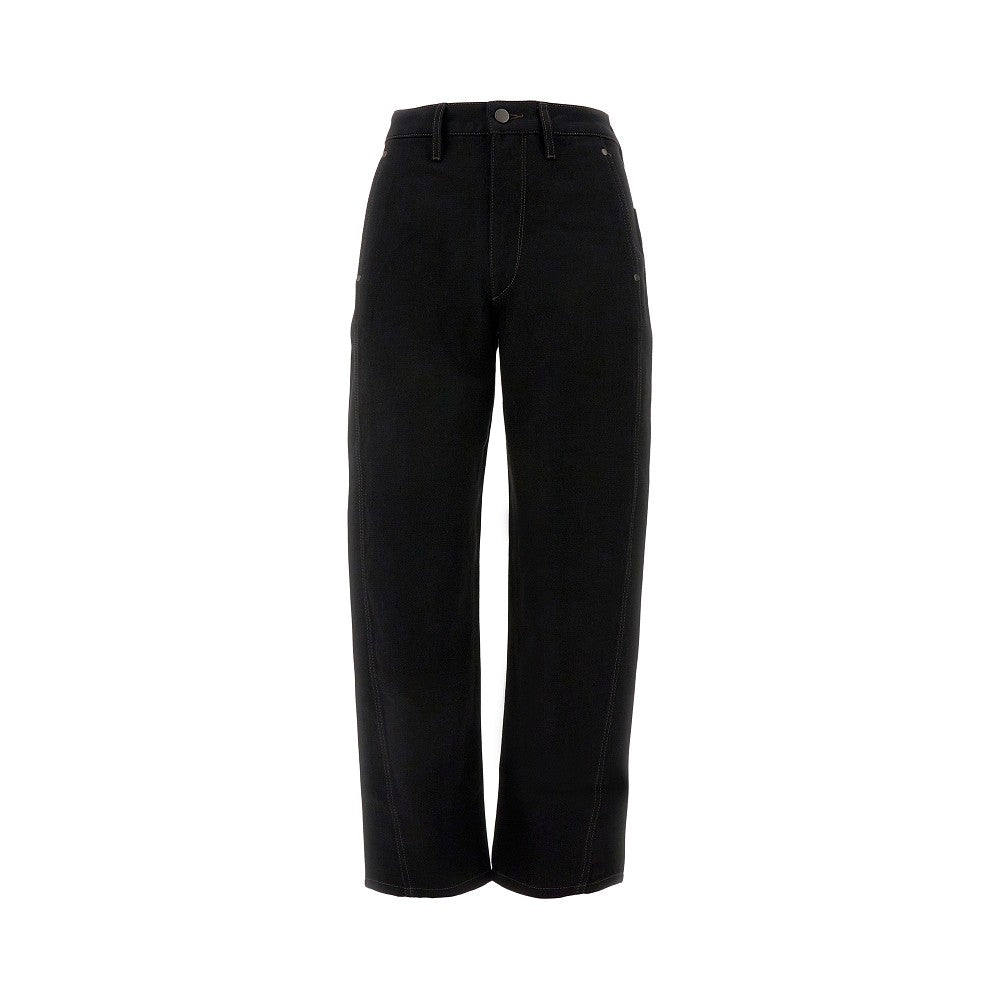 Denim pants with twisted seams