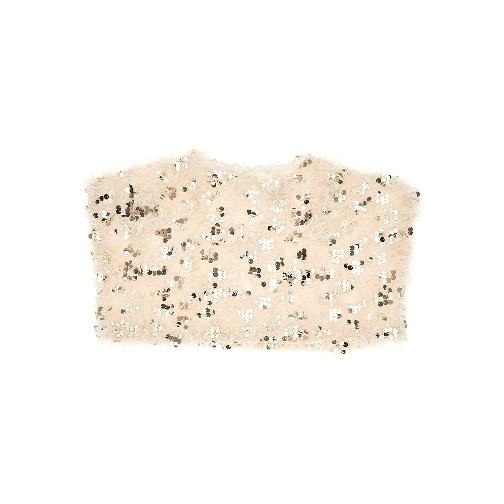 Top corto con piume e paillettes