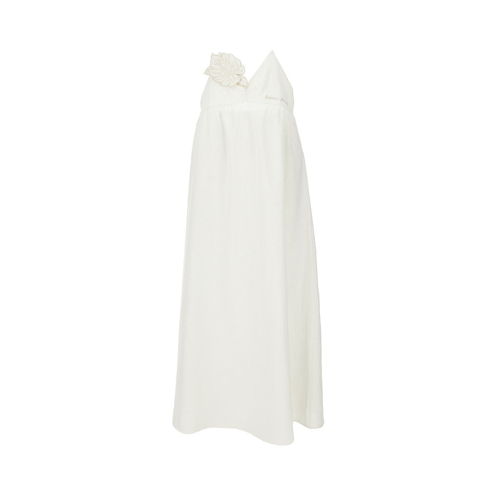 Linen-blend long dress with embroidered leaf