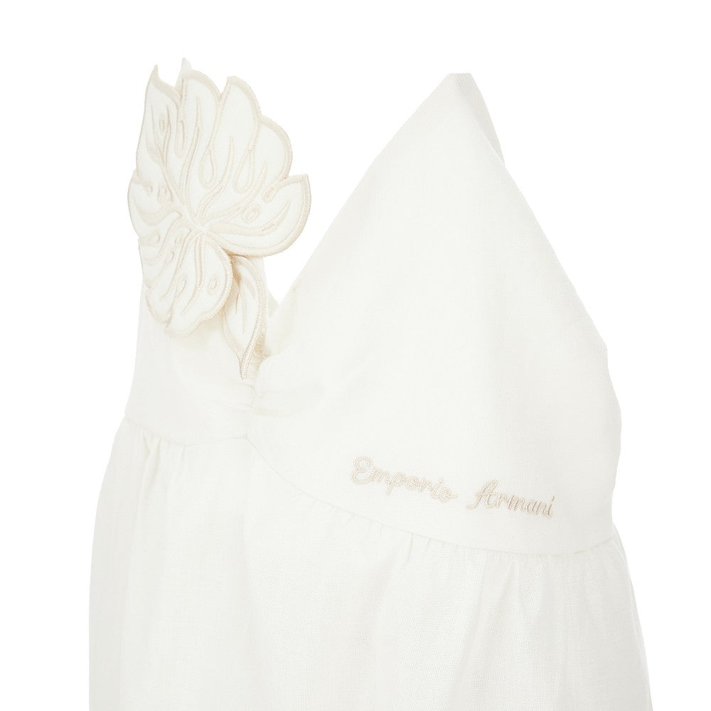 Linen-blend long dress with embroidered leaf