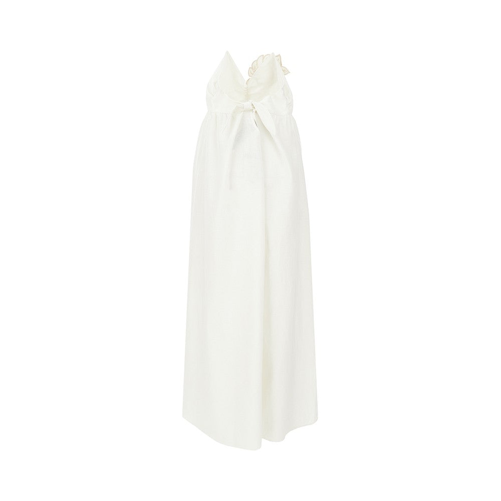 Linen-blend long dress with embroidered leaf