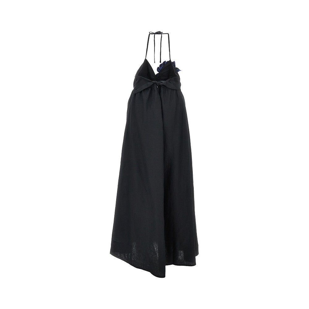 Linen-blend long dress with embroidered leaf