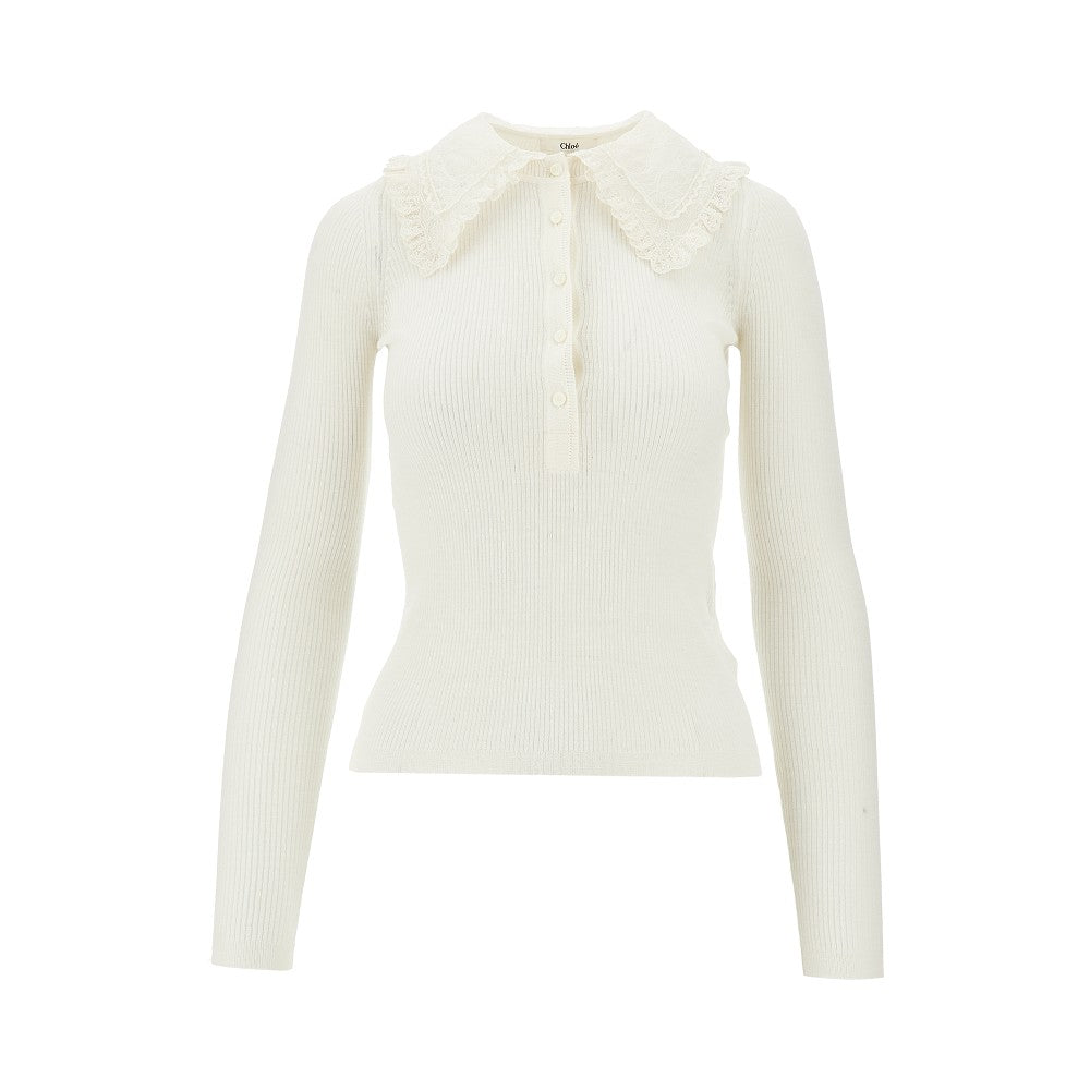 Ribbed wool top with lace collar