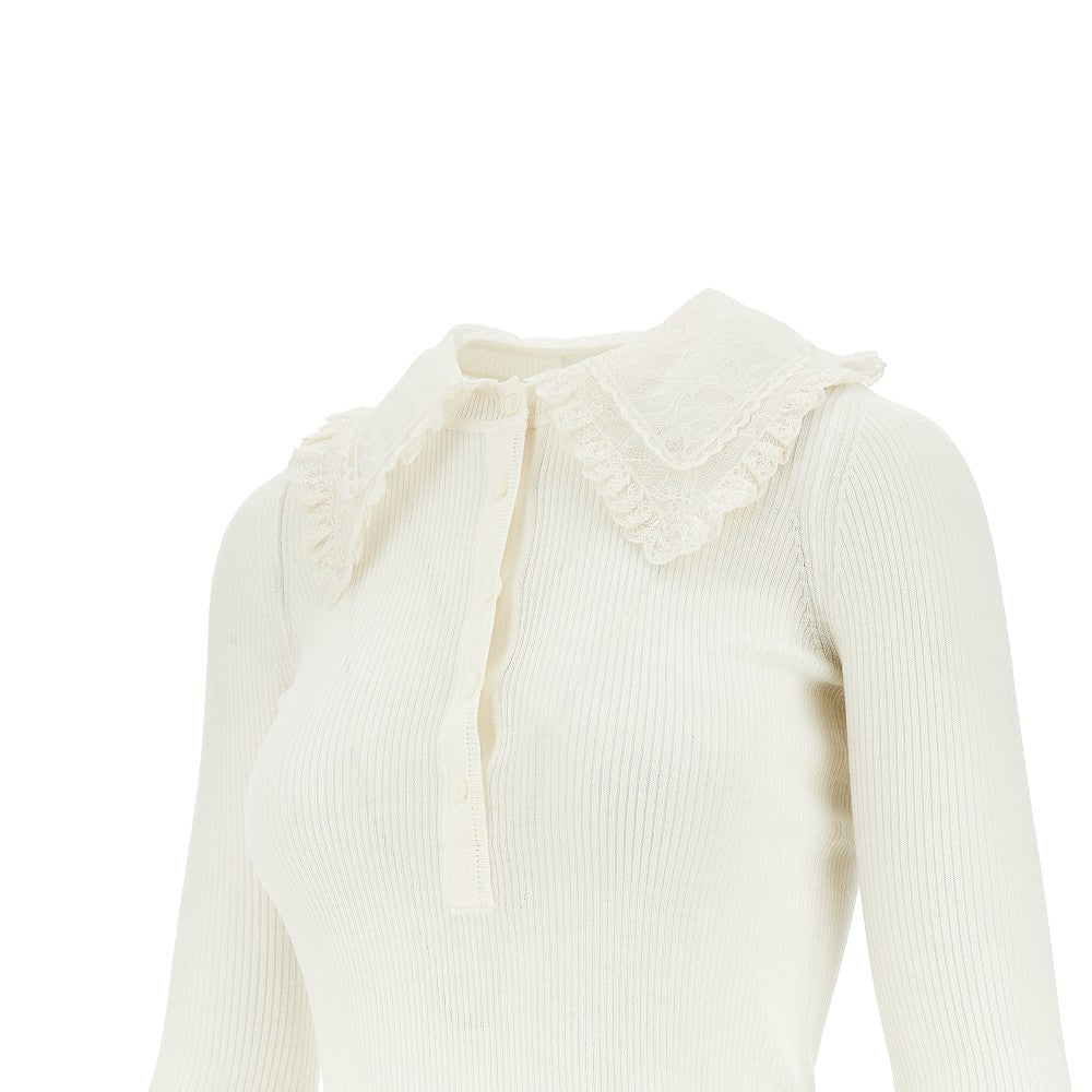 Ribbed wool top with lace collar