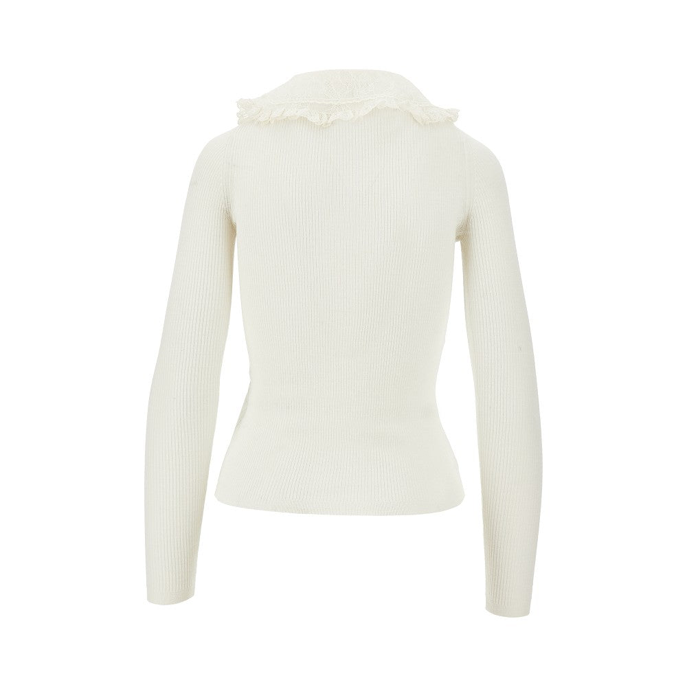 Ribbed wool top with lace collar