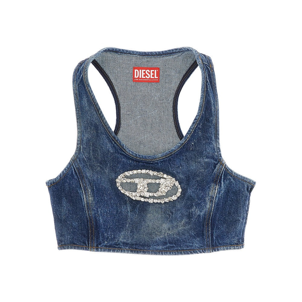 Top cropped in denim con logo Oval D