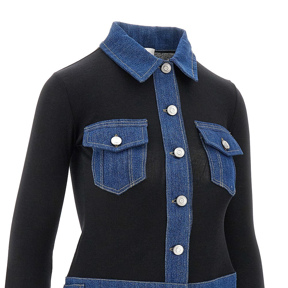 Top in jersey a costine con dettagli in denim