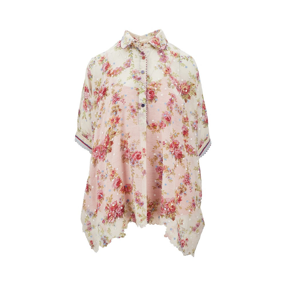 Camicia in cotone e seta stampata e ricamata