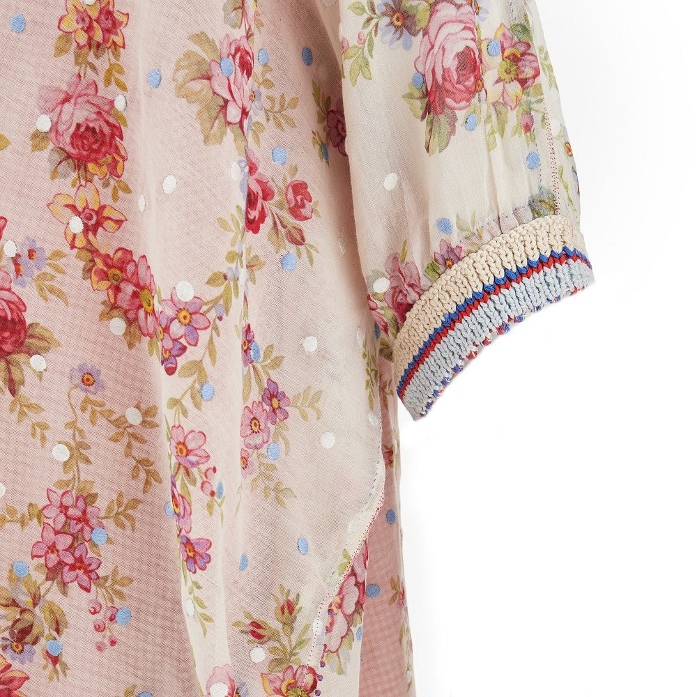 Camicia in cotone e seta stampata e ricamata